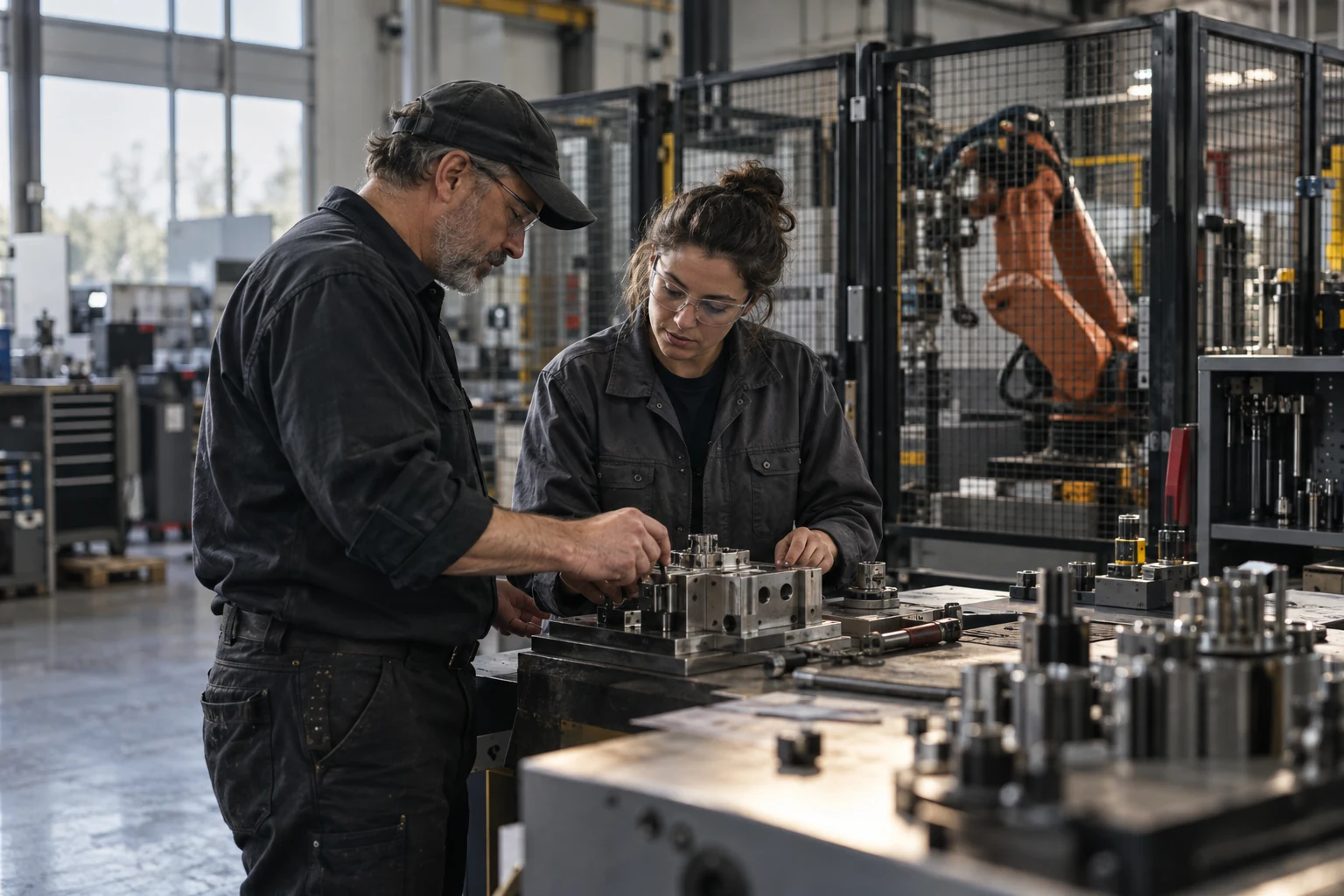 Illustration of an operator and engineer reviewing tooling beside a robotic cell.