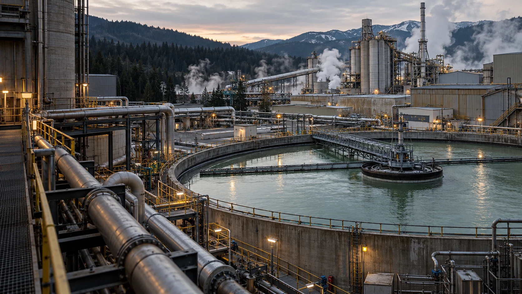 AI-generated editorial illustration of a paper mill and water-treatment clarifier against forested Inland Northwest foothills.
